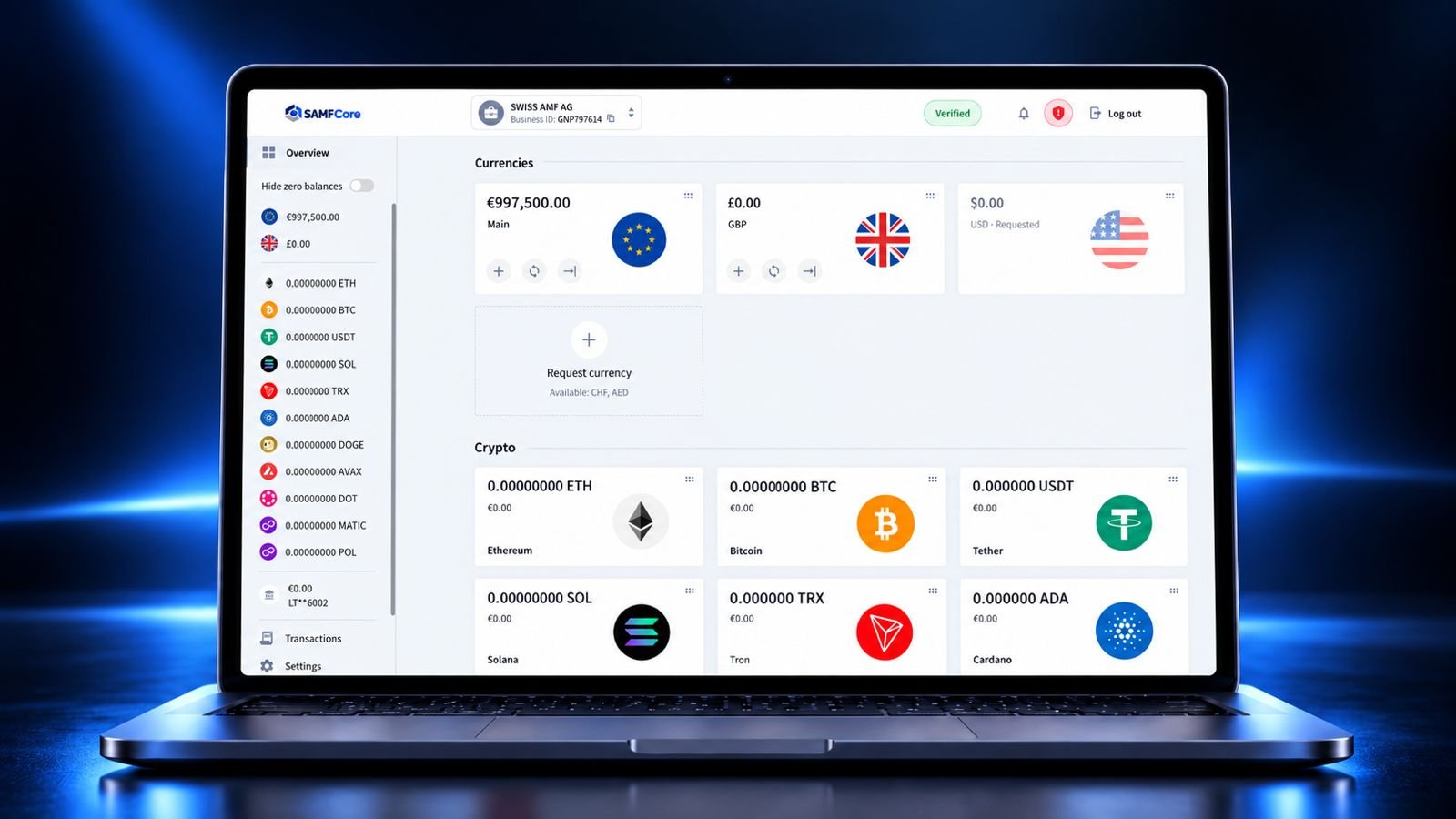SAMFCore product screens showing multi-currency balances and digital-asset holdings
