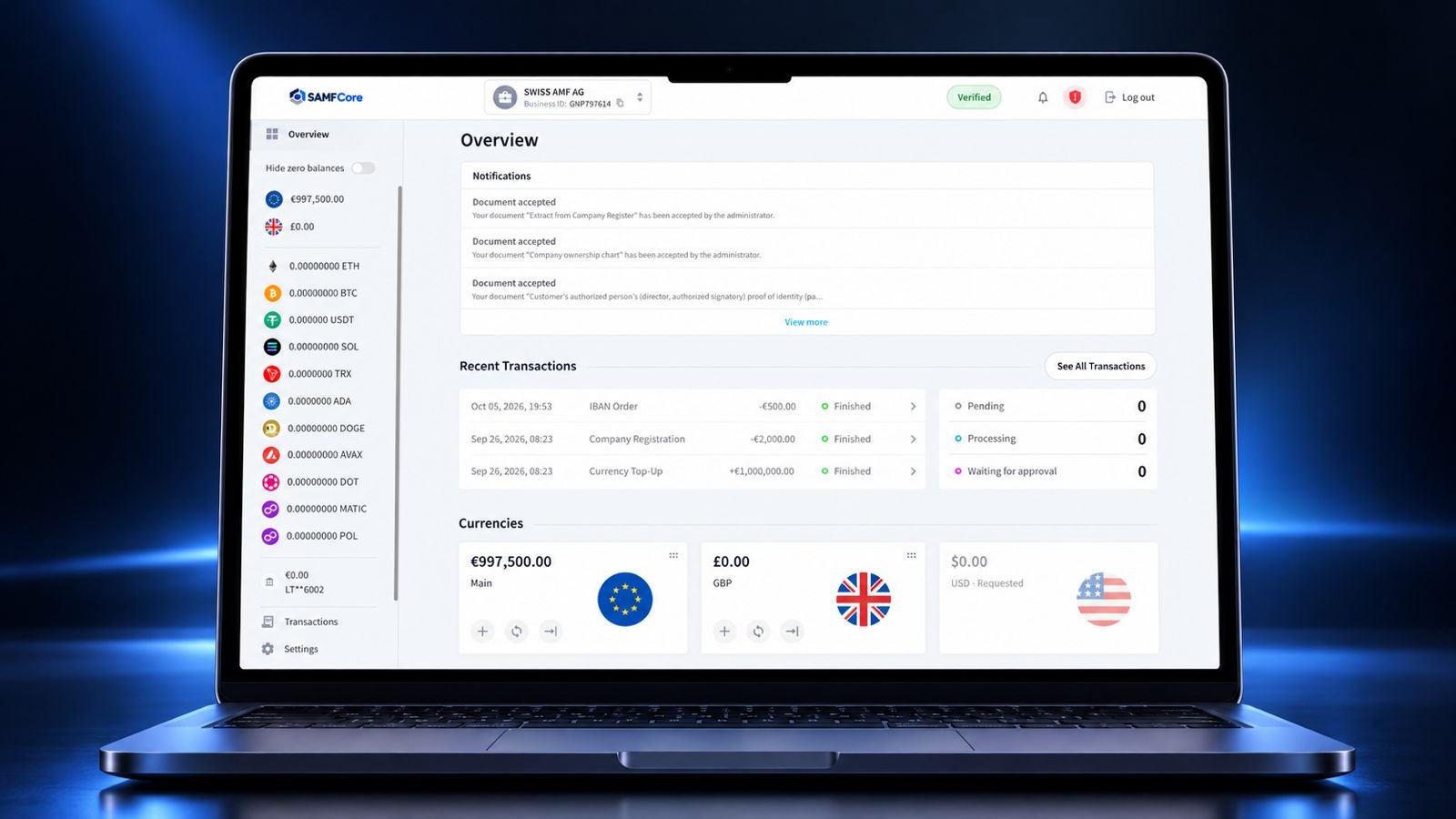 SAMFCore customer dashboard consolidating account balances, currencies and digital assets