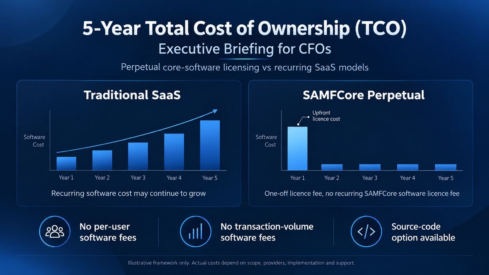 Illustrative chart of a five-year software licensing cost framework