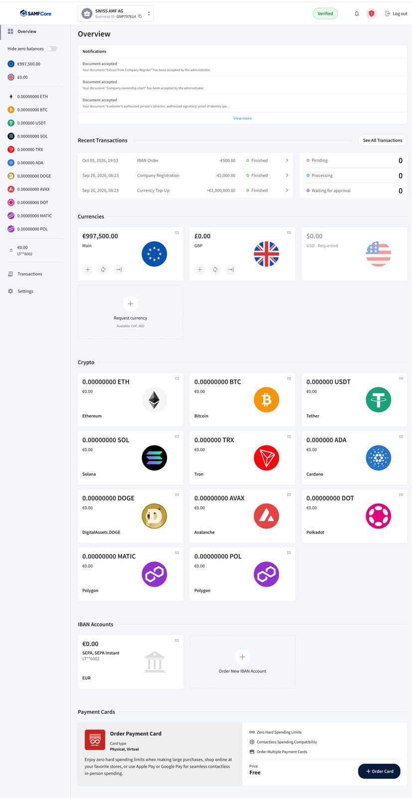 Tall SAMFCore platform view showing account, digital-asset, IBAN and card modules